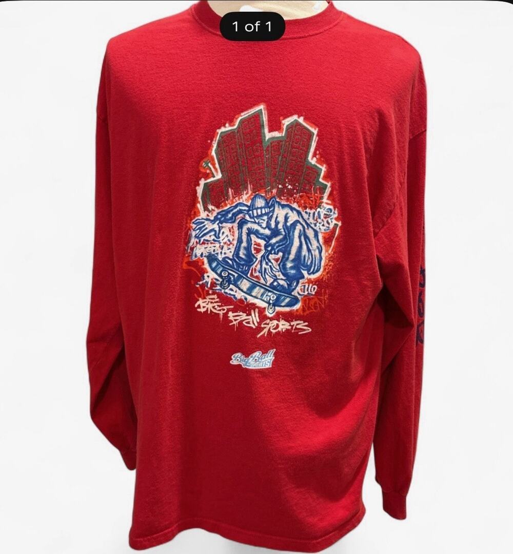 Vintage Big Ball Sports Skateboard Long Sleeve T-Shirt Red Graphic Y2K 2XL